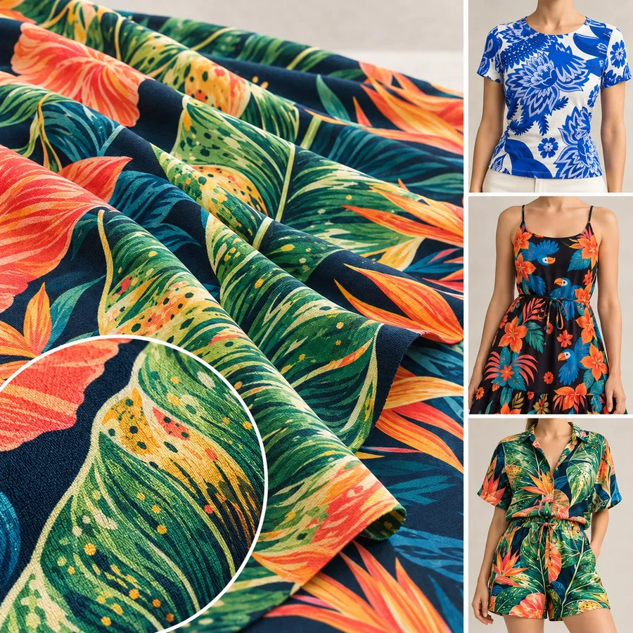 Estampa digital tropical aplicada em tecido e em peças de roupa